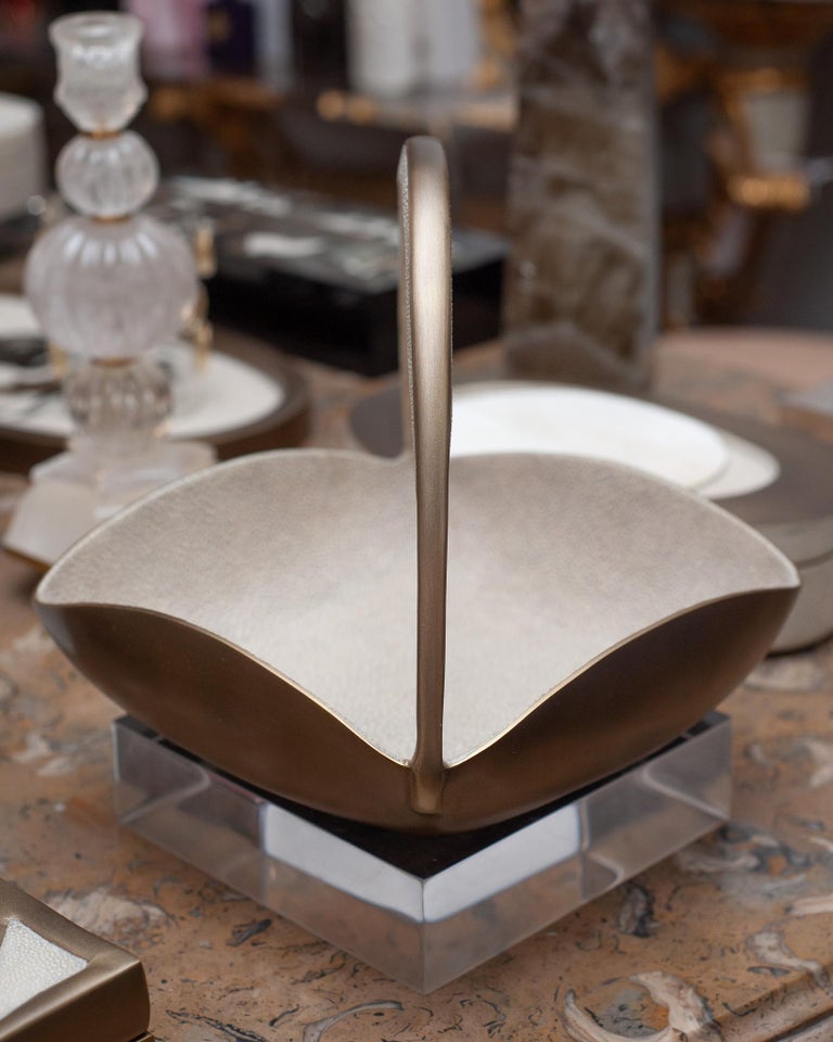 CONTEMPORARY R & Y AUGOUSTI BRASS BASKET WITH HANDLE AND INLAID CREME SHAGREEN