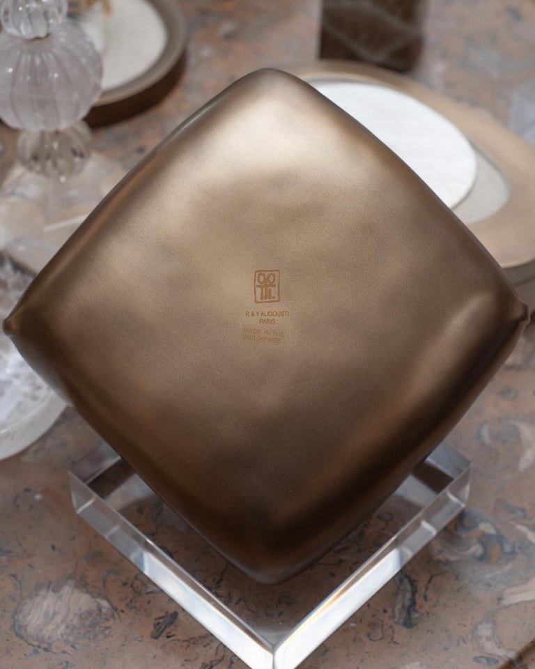 CONTEMPORARY R & Y AUGOUSTI BRASS BASKET WITH HANDLE AND INLAID CREME SHAGREEN