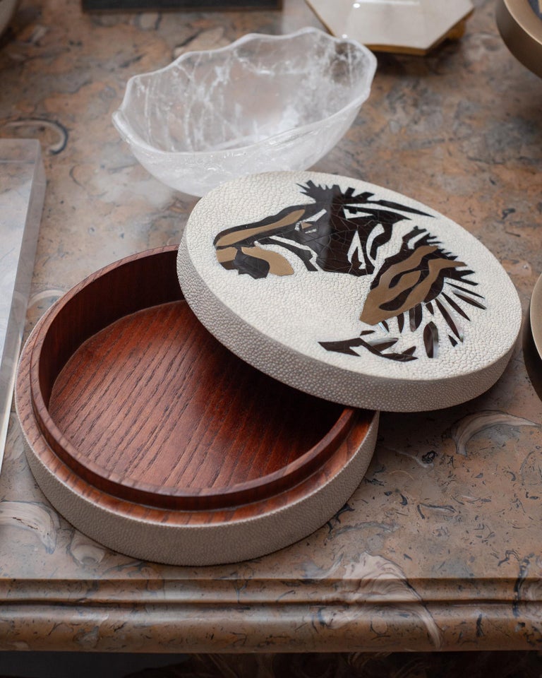 CONTEMPORARY KIFU PARIS ZEBRA BOX WITH BRASS, SHAGREEN, & SHELL INLAY