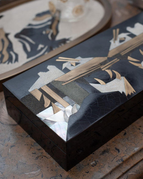 CONTEMPORARY KIFU PARIS DOUBLE PANTHER BOX WITH BRASS, SHAGREEN, & SHELL INLAY