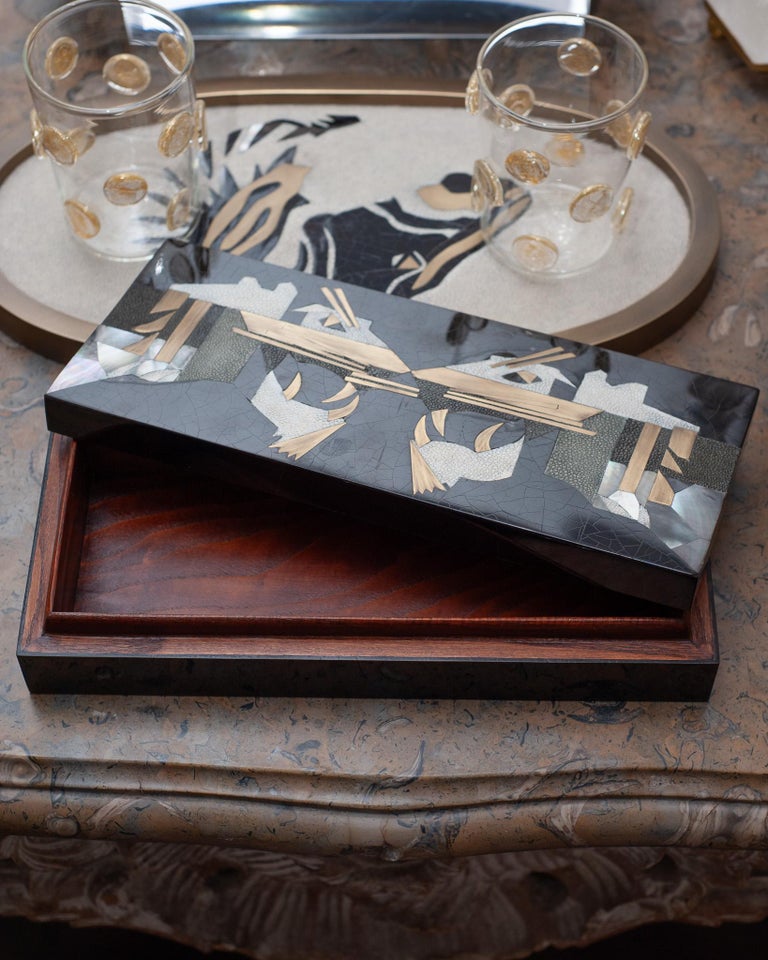 CONTEMPORARY KIFU PARIS DOUBLE PANTHER BOX WITH BRASS, SHAGREEN, & SHELL INLAY