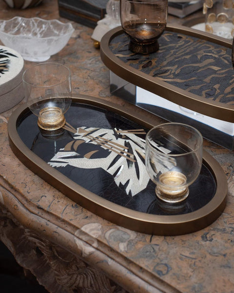 CONTEMPORARY KIFU PARIS PANTHER TRAY WITH INLAID BRASS, SHAGREEN AND PENSHELL