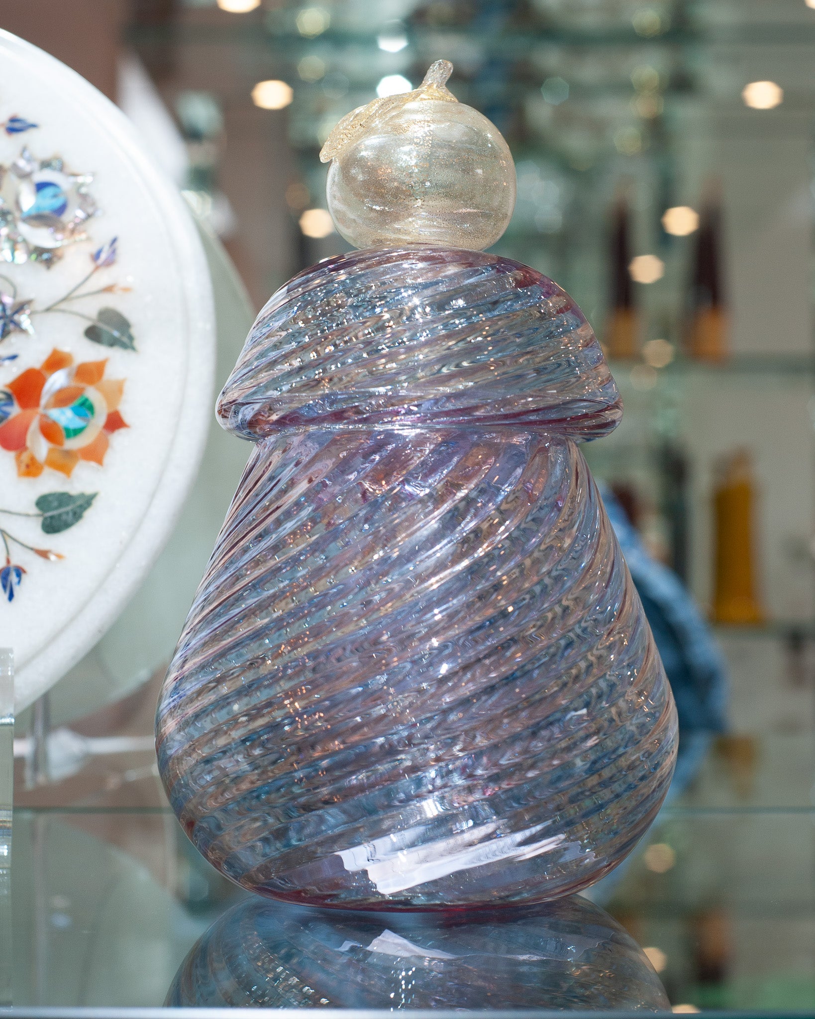 CONTEMPORARY BLUE, PINK, AND GOLD MURANO GLASS COOKIE JAR BY GABRIELE URBAN
