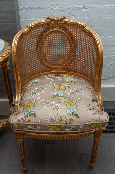 ANTIQUE PAIR OF FRENCH GILDED CHAIRS WITH CANE WEBBING AND UPHOLSTERED CUSHIONS