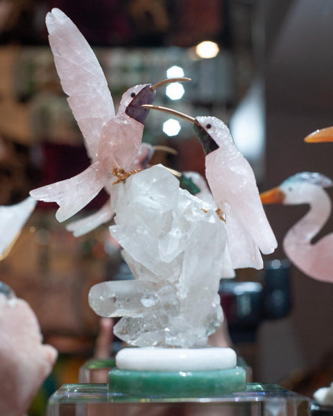 ROSE QUARTZ HUMMINGBIRD PAIR SCULPTURE ON ROCK CRYSTAL AND MARBLE MINERAL BASE