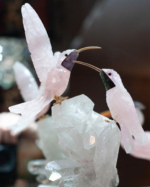 ROSE QUARTZ HUMMINGBIRD PAIR SCULPTURE ON ROCK CRYSTAL AND MARBLE MINERAL BASE