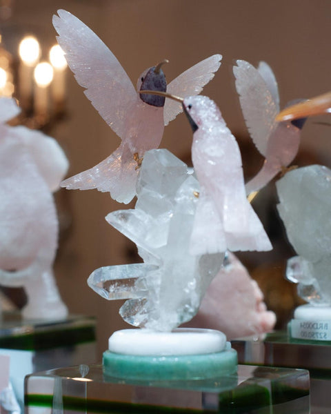 ROSE QUARTZ HUMMINGBIRD PAIR SCULPTURE ON ROCK CRYSTAL AND MARBLE MINERAL BASE