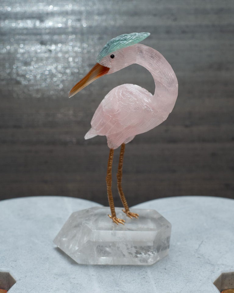 ROSE QUARTZ CRANE SCULPTURE ON ROCK CRYSTAL MINERAL BASE