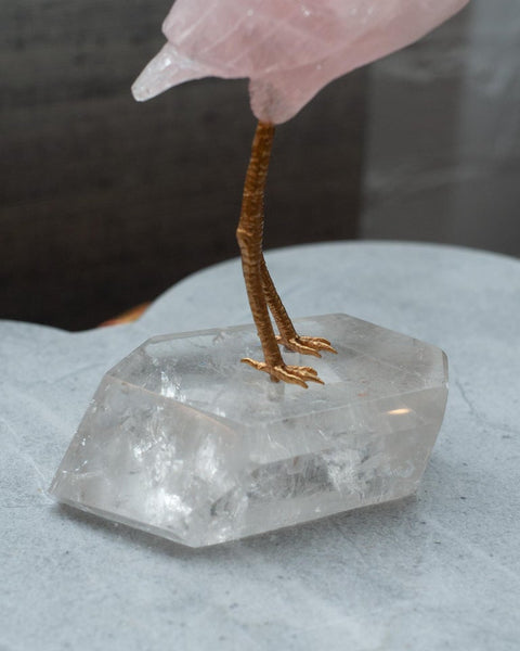 ROSE QUARTZ CRANE SCULPTURE ON ROCK CRYSTAL MINERAL BASE