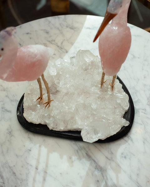 ROSE QUARTZ CRANE PAIR SCULPTURE ON ROCK CRYSTAL AND BLACK MARBLE MINERAL BASE