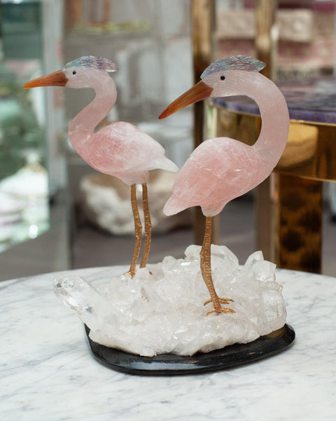 ROSE QUARTZ CRANE PAIR SCULPTURE ON ROCK CRYSTAL AND BLACK MARBLE MINERAL BASE