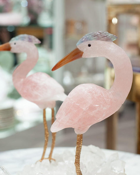 ROSE QUARTZ CRANE PAIR SCULPTURE ON ROCK CRYSTAL AND BLACK MARBLE MINERAL BASE