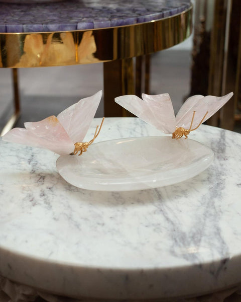 ROCK CRYSTAL BOWL WITH PAIR OF ROSE QUARTZ BUTTERFLIES