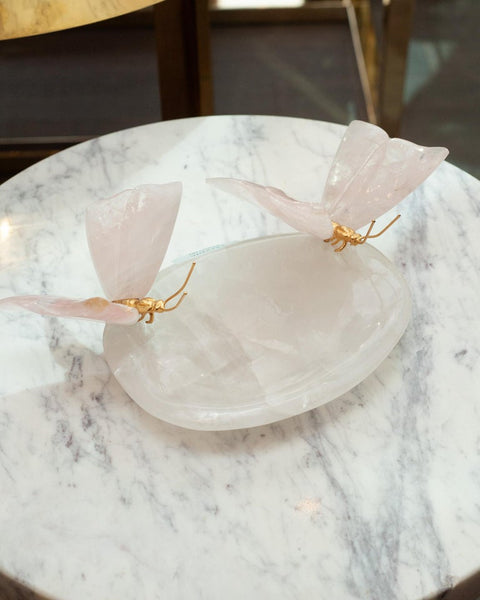 ROCK CRYSTAL BOWL WITH PAIR OF ROSE QUARTZ BUTTERFLIES