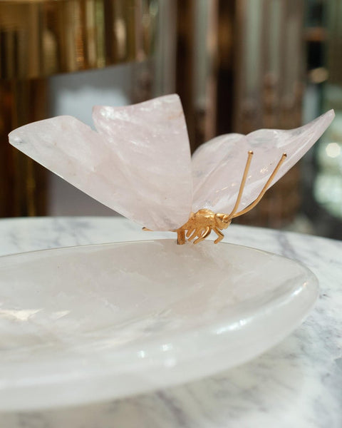 ROCK CRYSTAL BOWL WITH PAIR OF ROSE QUARTZ BUTTERFLIES