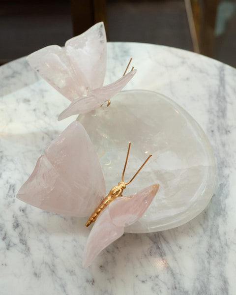 ROCK CRYSTAL BOWL WITH PAIR OF ROSE QUARTZ BUTTERFLIES