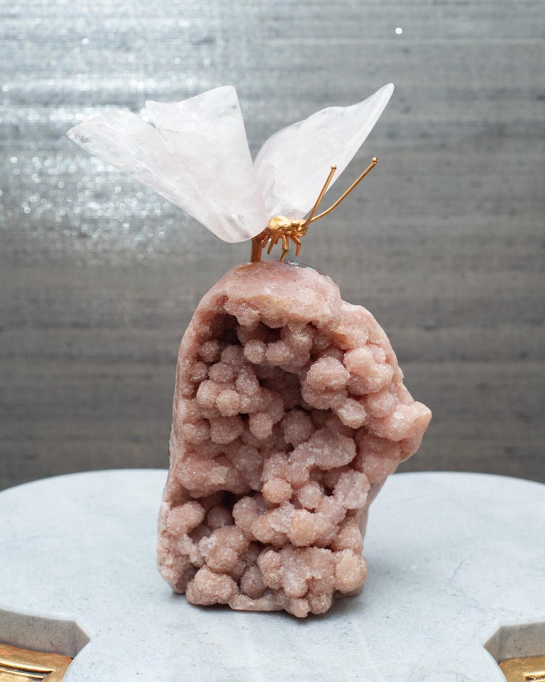 ROCK CRYSTAL BUTTERFLY SCULPTURE ON PINK GEODE BASE