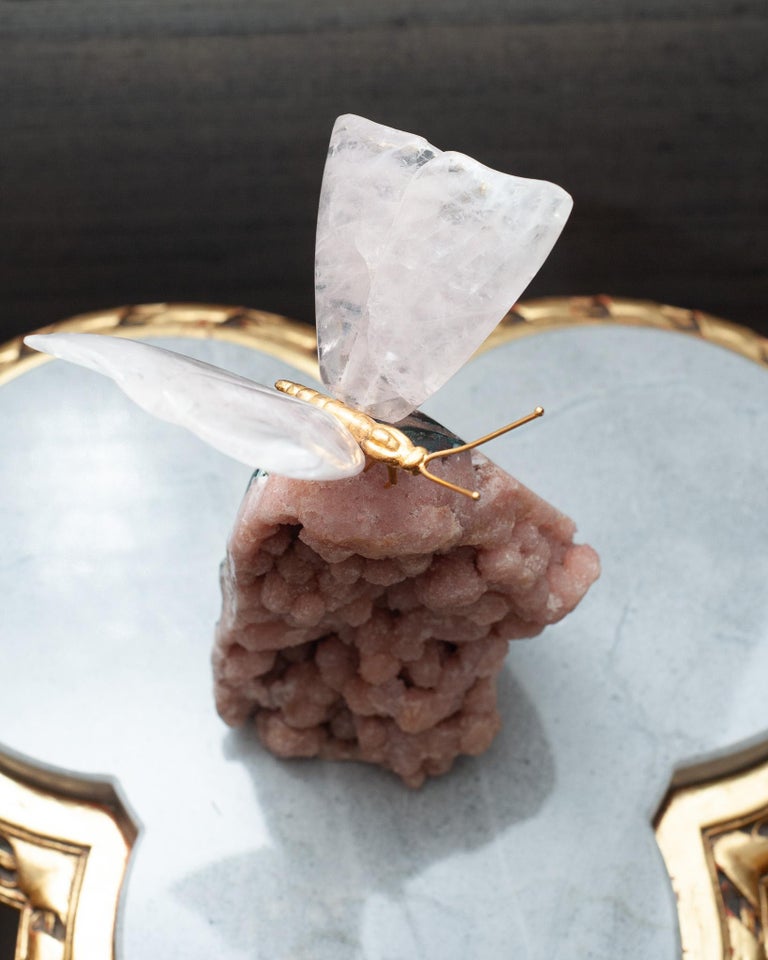 ROCK CRYSTAL BUTTERFLY SCULPTURE ON PINK GEODE BASE