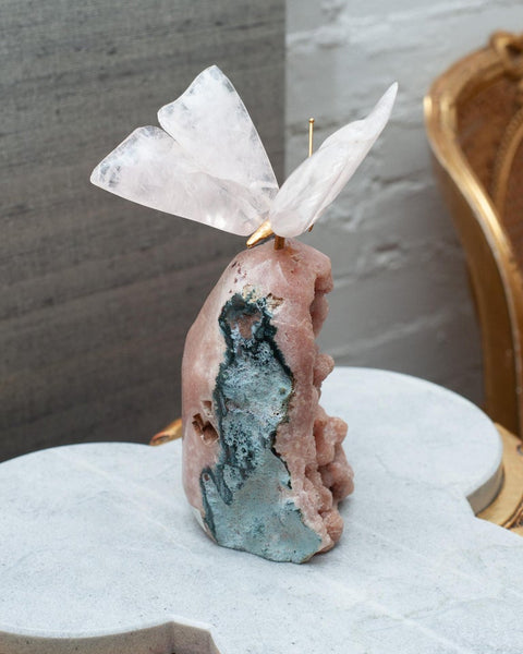 ROCK CRYSTAL BUTTERFLY SCULPTURE ON PINK GEODE BASE