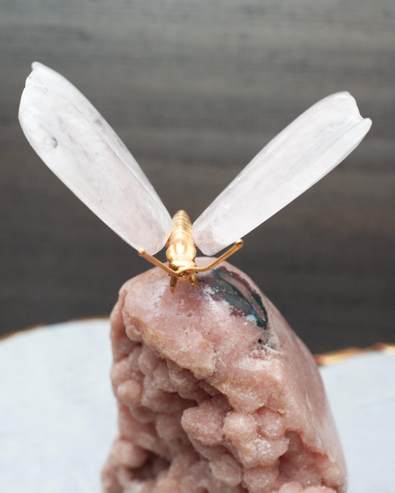 ROCK CRYSTAL BUTTERFLY SCULPTURE ON PINK GEODE BASE