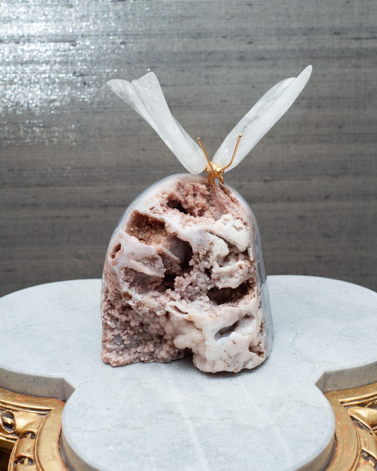 ROCK CRYSTAL BUTTERFLY SCULPTURE ON PINK AND GREY GEODE BASE