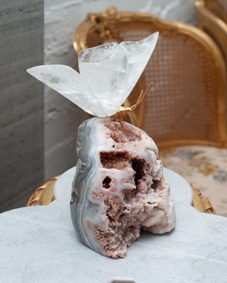 ROCK CRYSTAL BUTTERFLY SCULPTURE ON PINK AND GREY GEODE BASE
