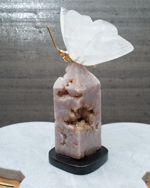 ROCK CRYSTAL BUTTERFLY SCULPTURE ON PINK GEODE OBELISK BASE