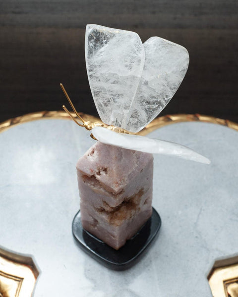 ROCK CRYSTAL BUTTERFLY SCULPTURE ON PINK GEODE OBELISK BASE