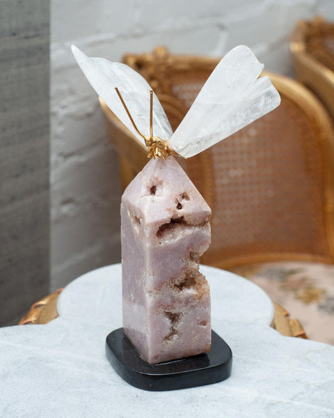 ROCK CRYSTAL BUTTERFLY SCULPTURE ON PINK GEODE OBELISK BASE