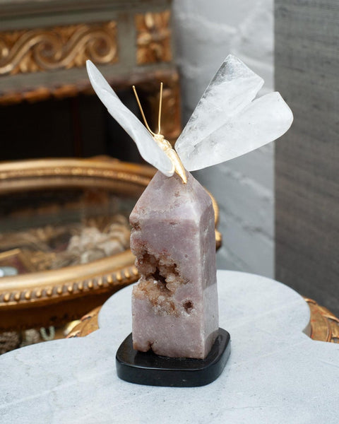 ROCK CRYSTAL BUTTERFLY SCULPTURE ON PINK GEODE OBELISK BASE