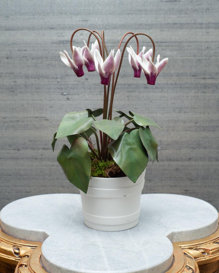 GLAZED WHITE & PINK PORCELAIN CYCLAMEN SCULPTURE