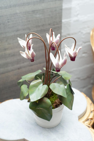 GLAZED WHITE & PINK PORCELAIN CYCLAMEN SCULPTURE