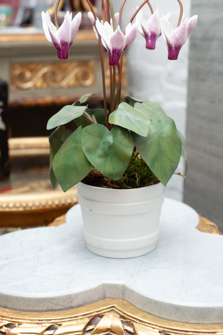 GLAZED WHITE & PINK PORCELAIN CYCLAMEN SCULPTURE