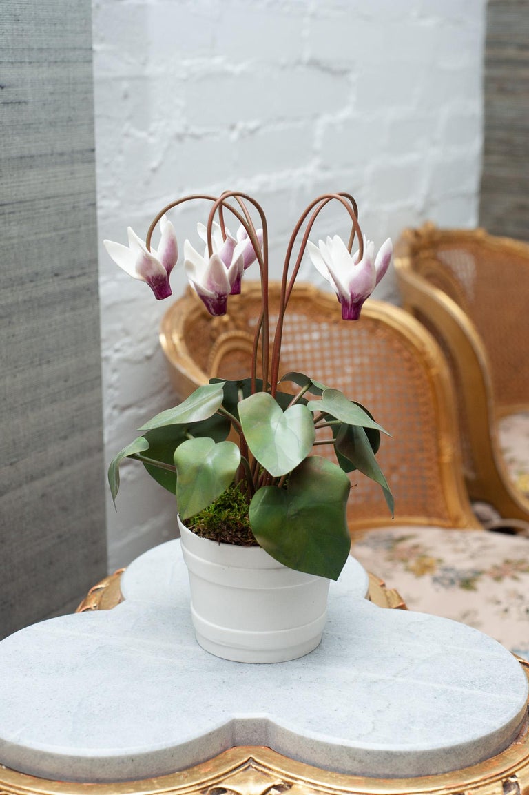 GLAZED WHITE & PINK PORCELAIN CYCLAMEN SCULPTURE