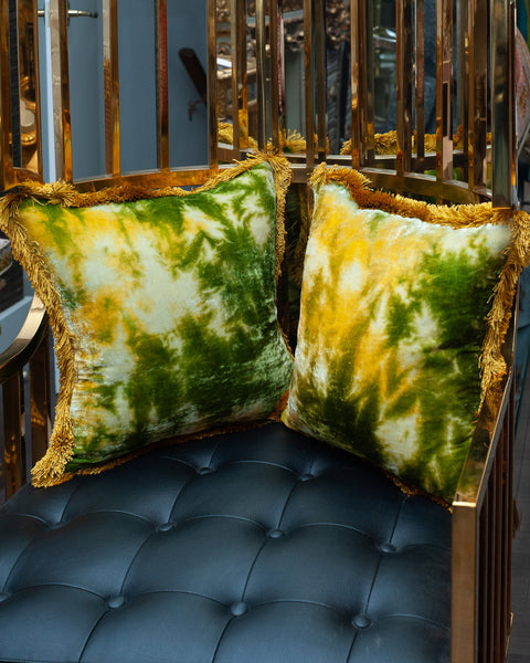 PAIR OF MINT SILK VELVET PILLOW WITH CITRONELLA FRINGE