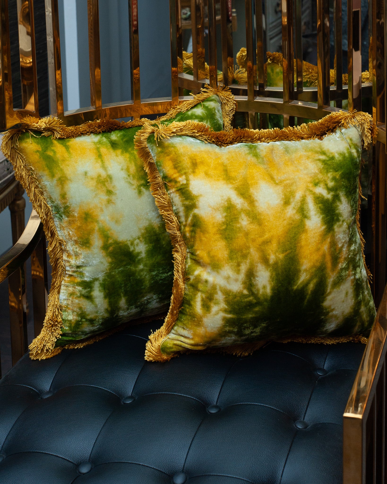 YELLOW GREEN SILK VELVET PILLOW WITH GOLDEN FRINGE