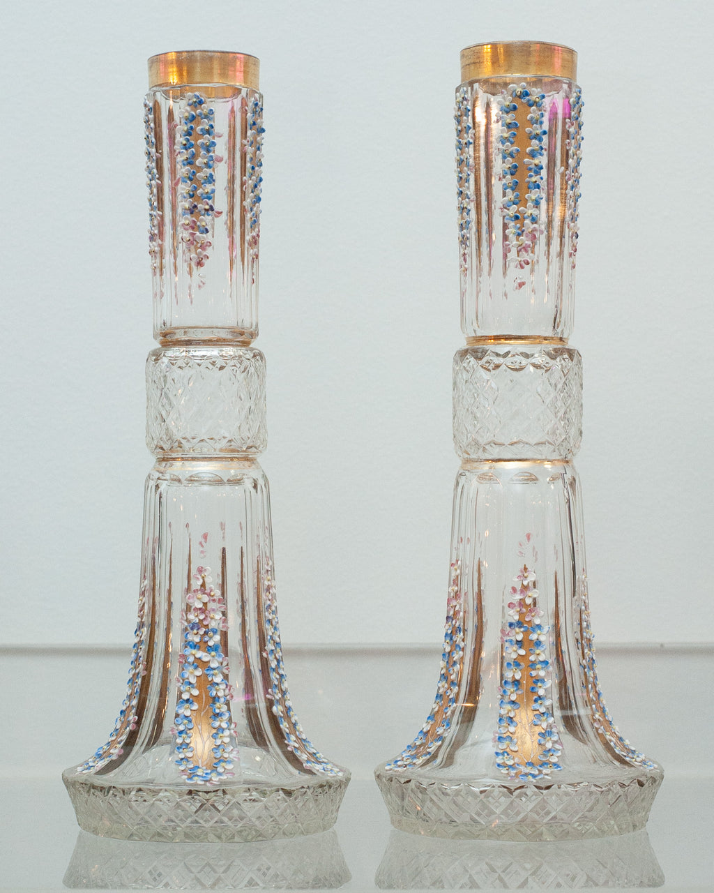ANTIQUE PAIR OF CUT CRYSTAL HANDPAINTED VASES