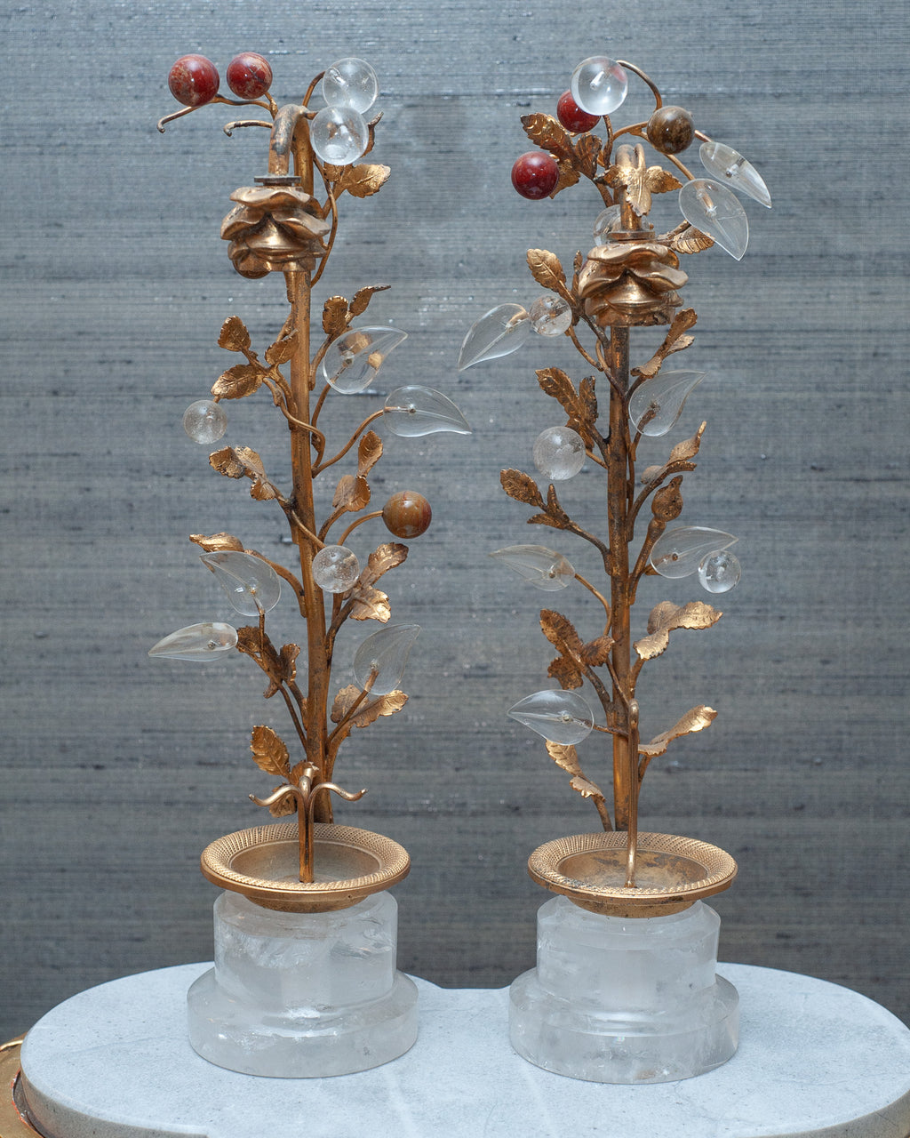 ANTIQUE PAIR OF SEMI-PRECIOUS FRUIT & ROCK CRYSTAL TREES