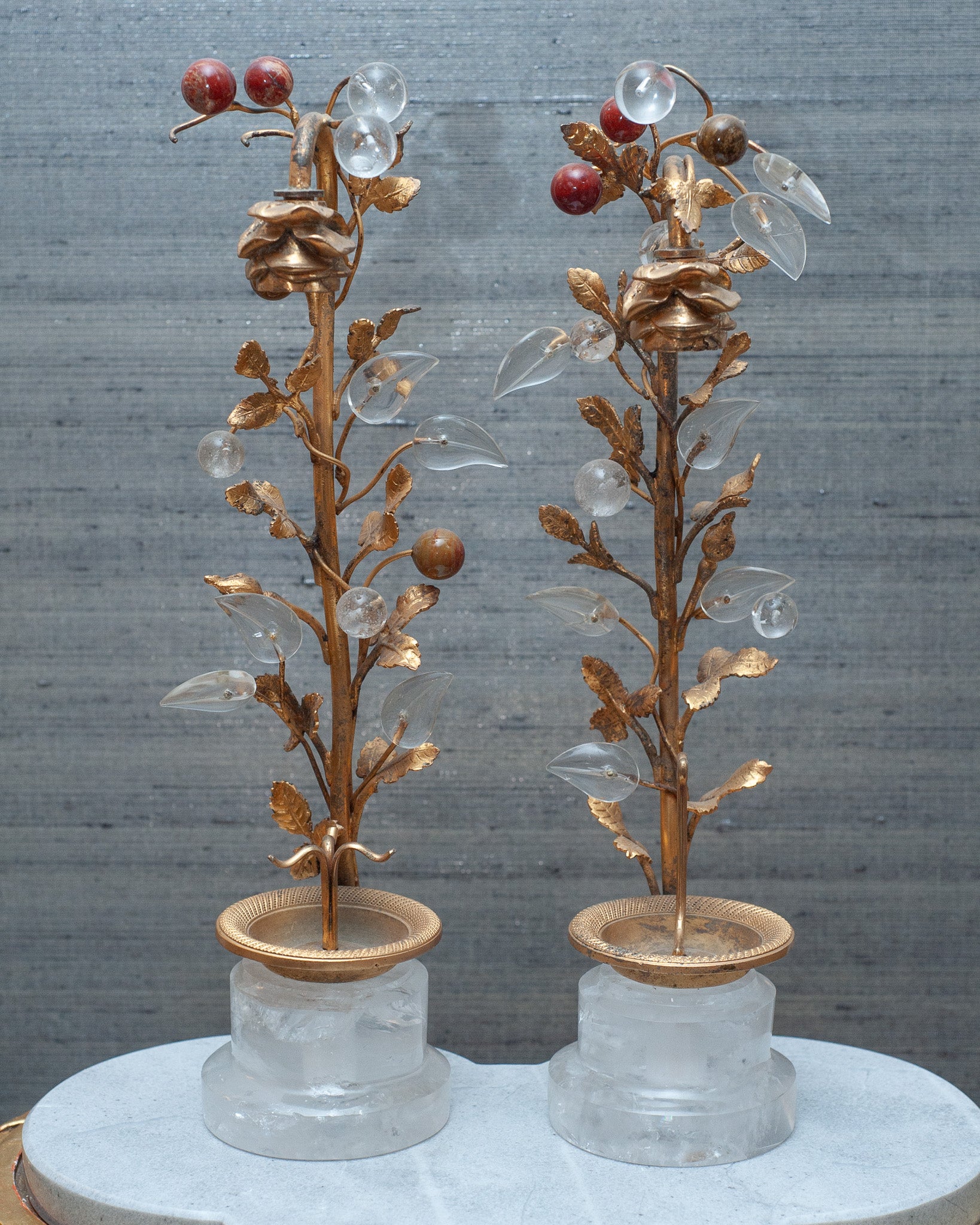 ANTIQUE PAIR OF SEMI-PRECIOUS FRUIT & ROCK CRYSTAL TREES
