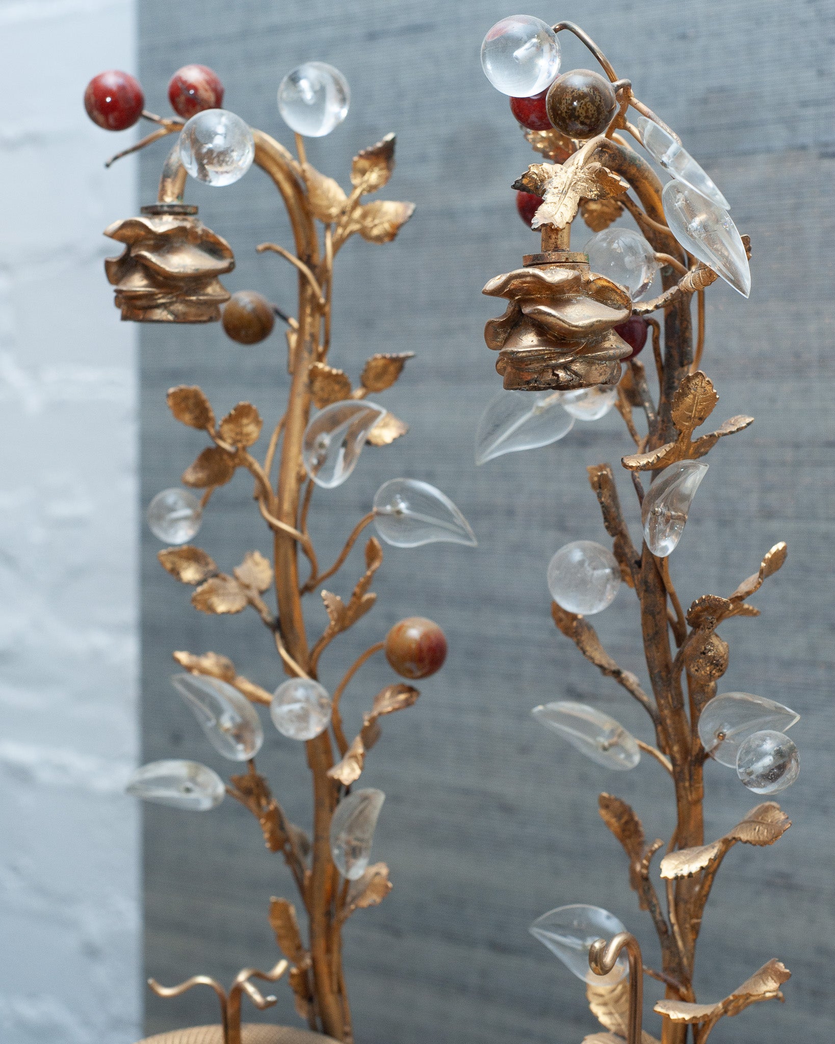 ANTIQUE PAIR OF SEMI-PRECIOUS FRUIT & ROCK CRYSTAL TREES
