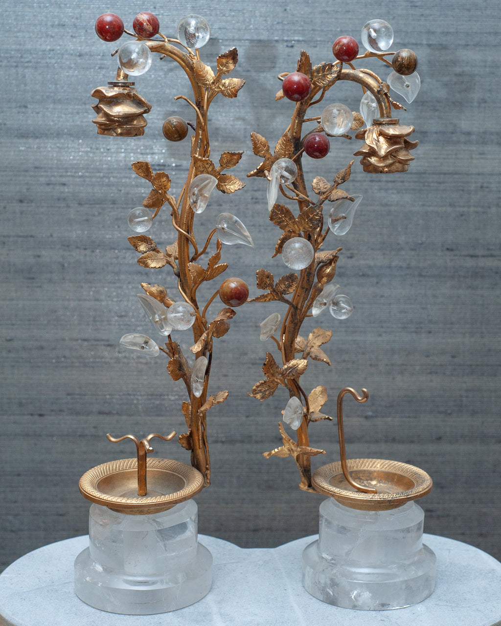 ANTIQUE PAIR OF SEMI-PRECIOUS FRUIT & ROCK CRYSTAL TREES