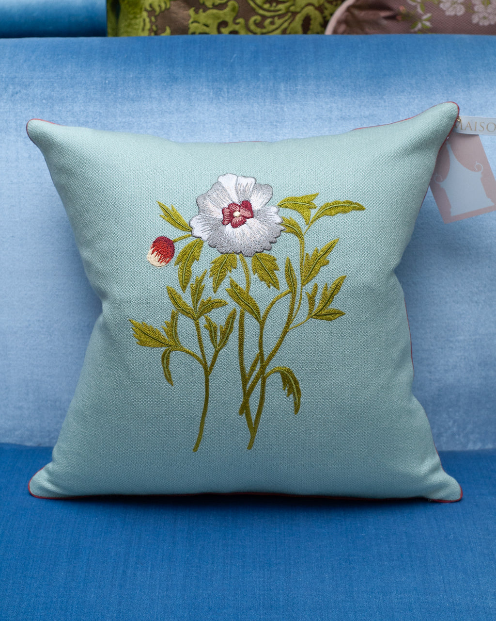 CONTEMPORARY SOFT BLUE MERINO WOOL AND LINEN PILLOW WITH EMBROIDERED FLOWER