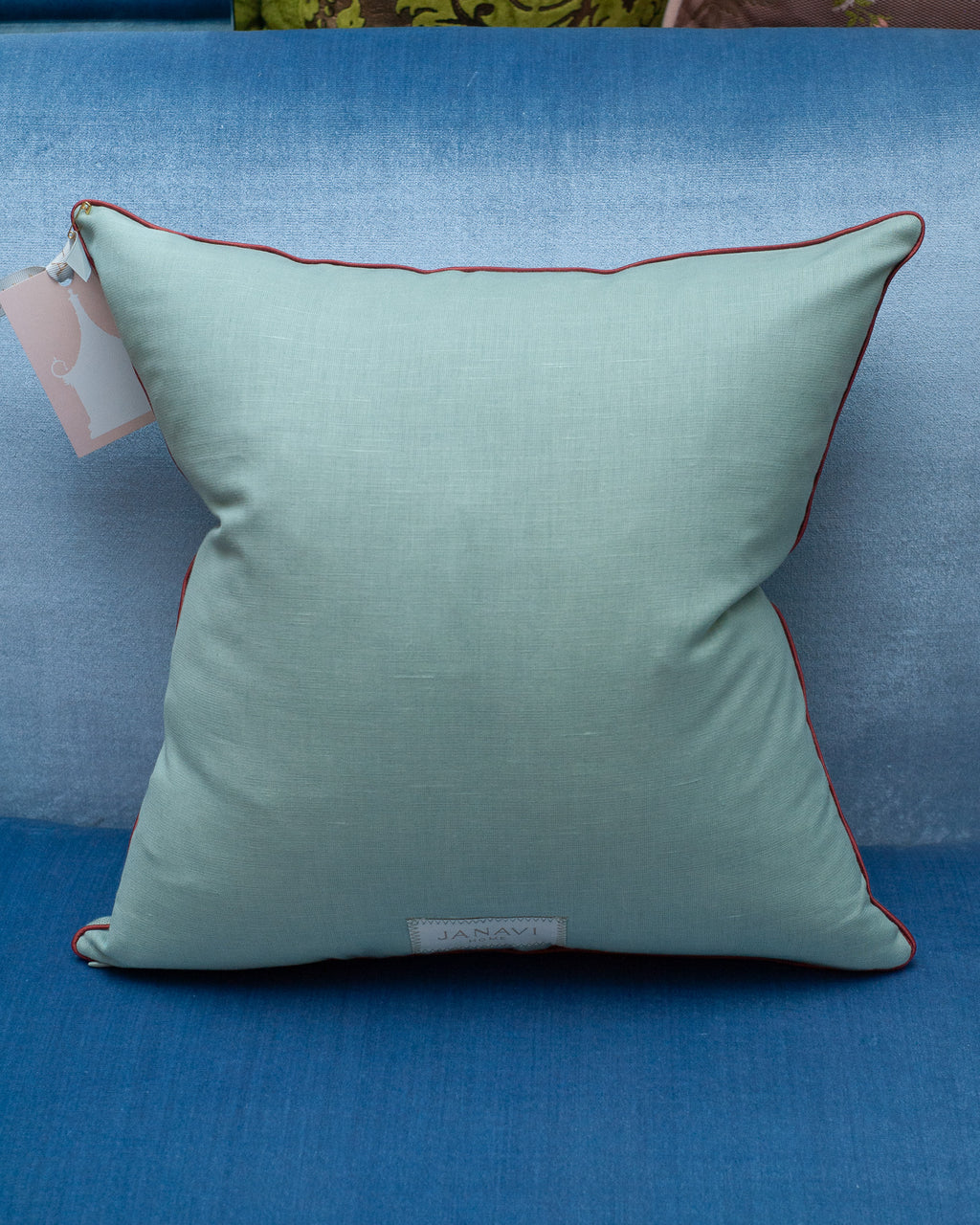 CONTEMPORARY SOFT BLUE MERINO WOOL AND LINEN PILLOW WITH EMBROIDERED FLOWER