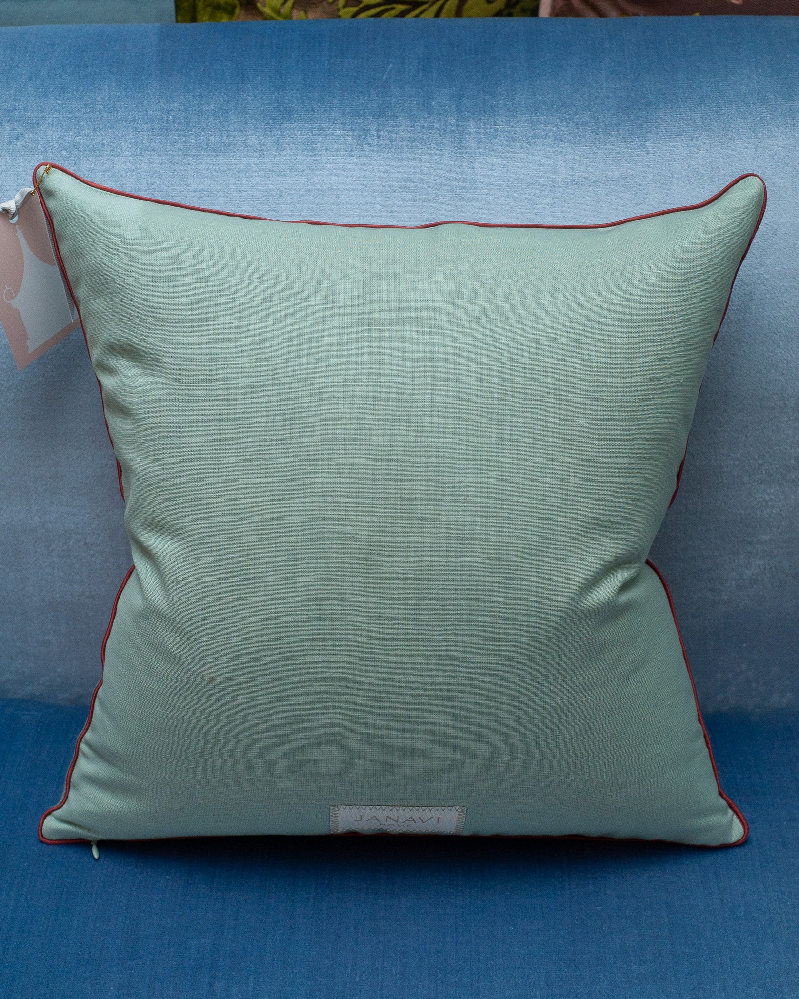 CONTEMPORARY SOFT BLUE MERINO WOOL AND LINEN PILLOW WITH EMBROIDERED FLORALS
