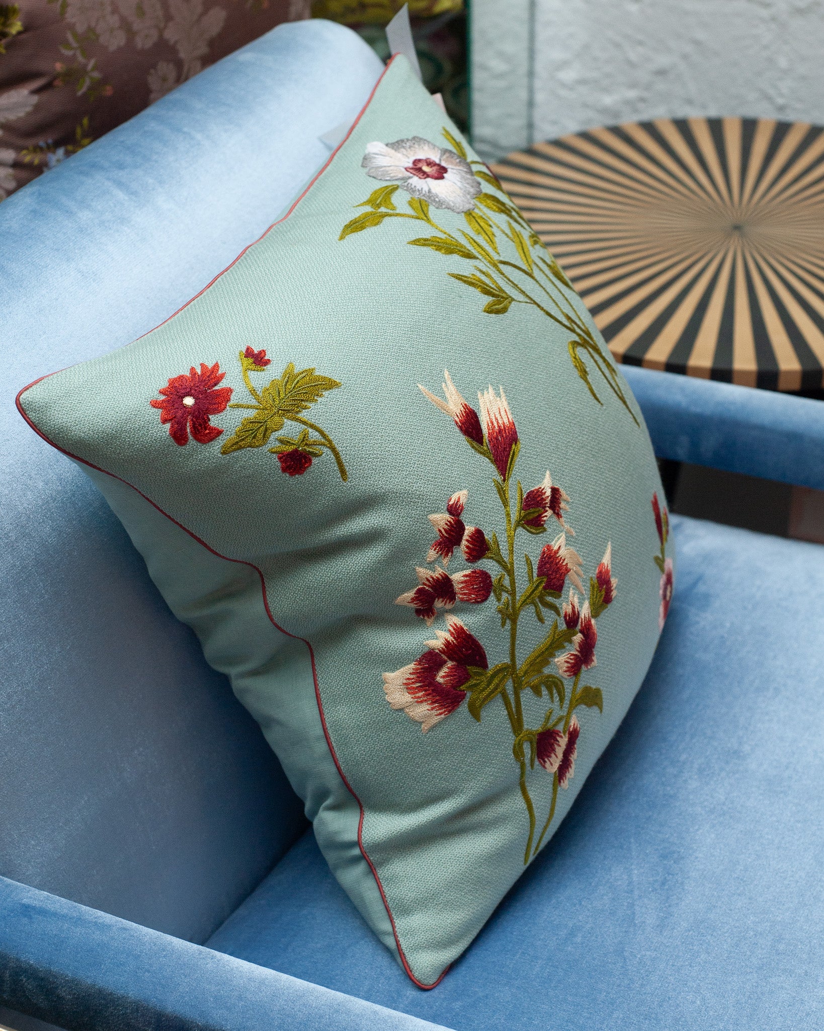 CONTEMPORARY SOFT BLUE MERINO WOOL AND LINEN PILLOW WITH EMBROIDERED FLORALS