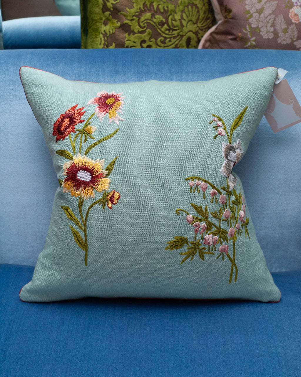 CONTEMPORARY SOFT BLUE MERINO WOOL AND LINEN PILLOW WITH EMBROIDERED FLORALS