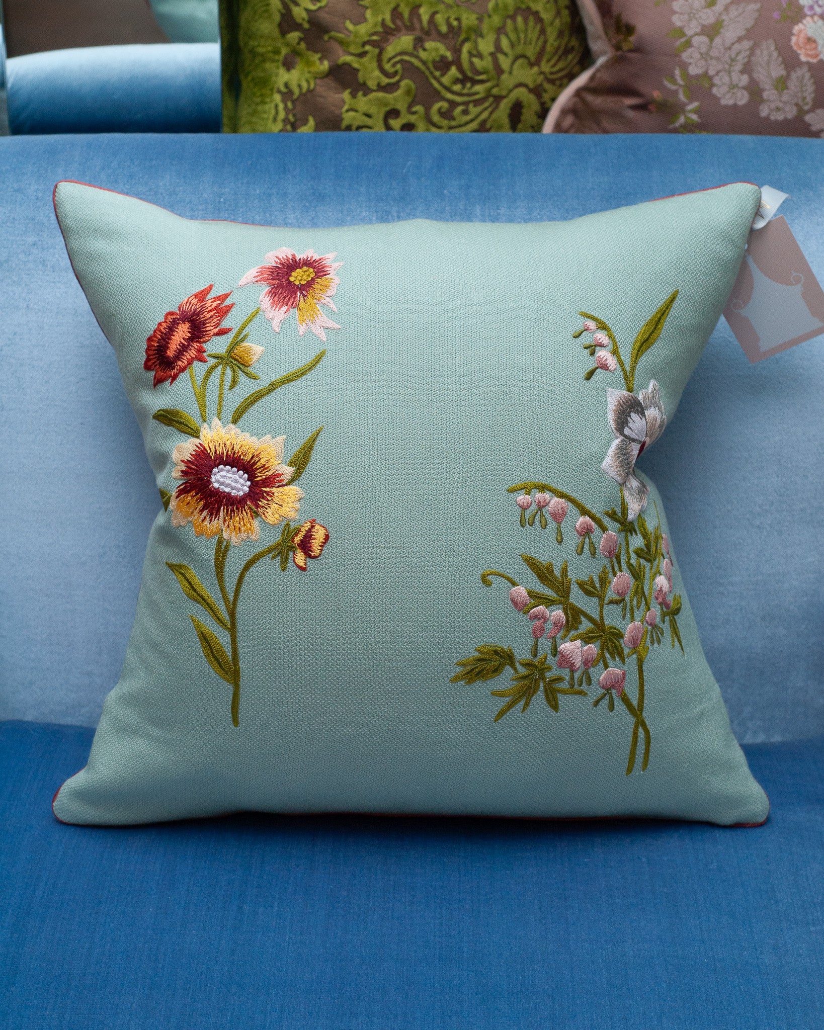 CONTEMPORARY SOFT BLUE MERINO WOOL AND LINEN PILLOW WITH EMBROIDERED FLORALS