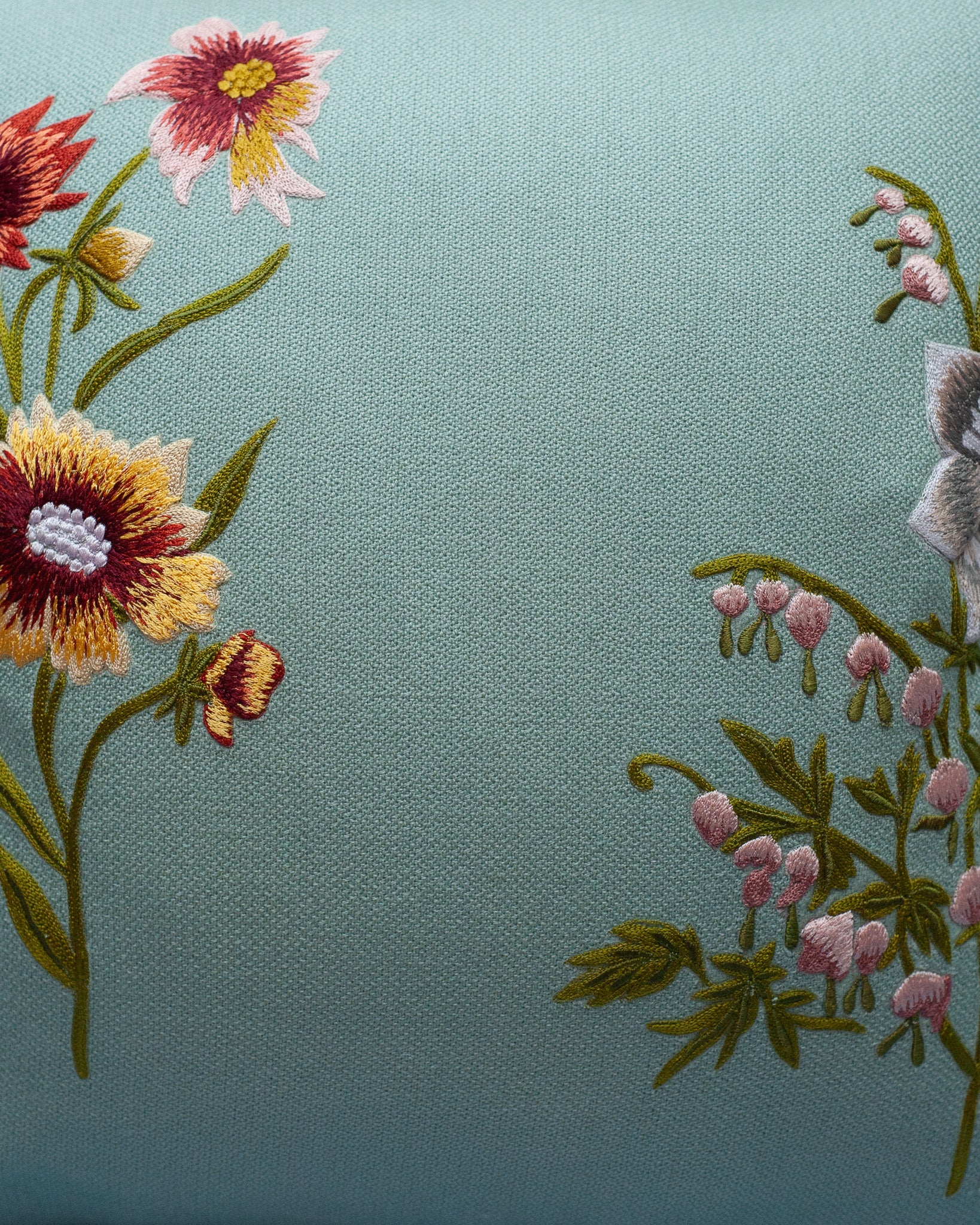 CONTEMPORARY SOFT BLUE MERINO WOOL AND LINEN PILLOW WITH EMBROIDERED FLORALS