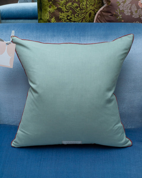 CONTEMPORARY SOFT BLUE MERINO WOOL AND LINEN PILLOW WITH EMBROIDERED FLORALS