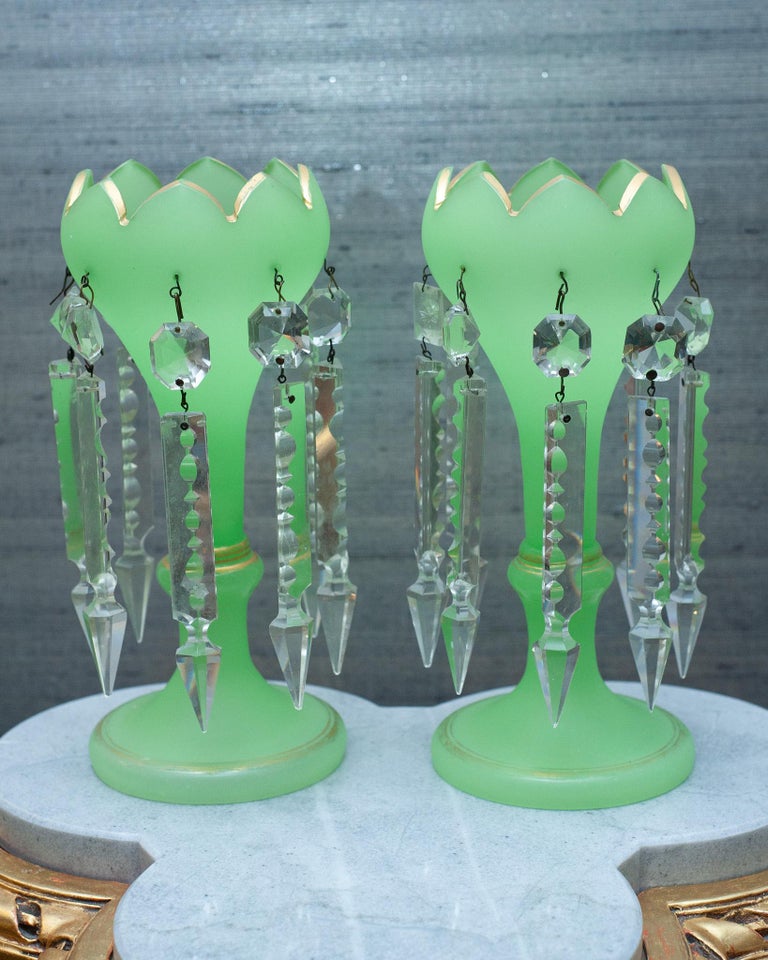ANTIQUE PAIR OF GREEN OPALINE MANTLE LUSTERS WITH GILT DETAIL AND SCALLOPED EDGE